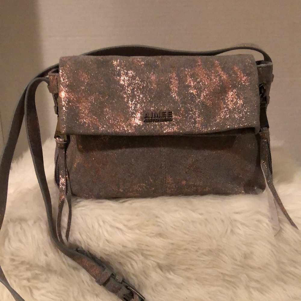 Aimee Kestenberg Rose Gold on Gray Denim Crossbody Handbag